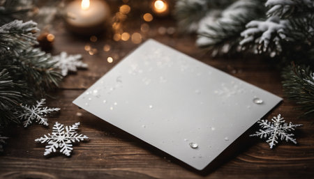 Christmas greeting card with snowflakes on rustic wooden background.の素材