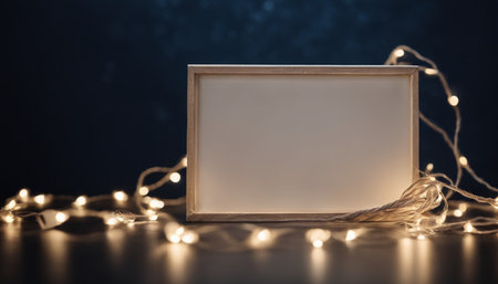 Blank photo frame with Christmas lights on dark background, copy spaceの素材
