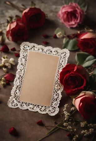 Greeting card with red roses and lace on rustic backgroundの素材