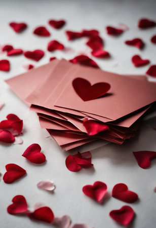 Valentine's day background with red paper hearts on white backgroundの素材