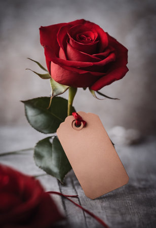 Red rose with blank paper tag on wooden background. Valentines day concept.の素材
