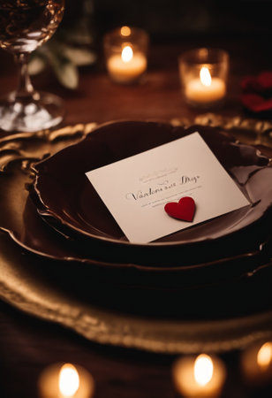 Valentines Day table setting with red heart and love letter.の素材