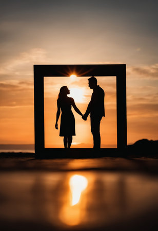 Silhouette of a man and woman holding hands in front of a photo frameの素材