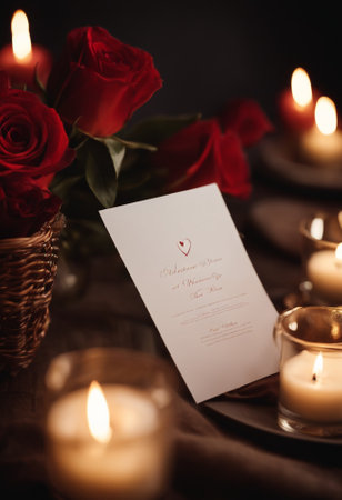 Wedding invitation with red roses and candles on a dark backgroundの素材