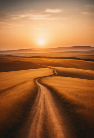 Sunset in rural landscape with dirt roadの素材