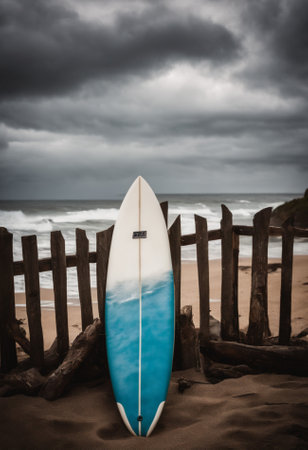 Surfboard on the beach in stormy weather, vintage styleの素材