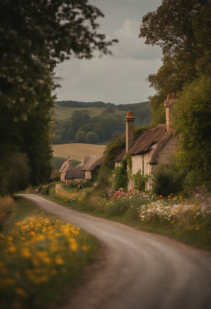 Country road in the countryside with small cottages and flowers.の素材