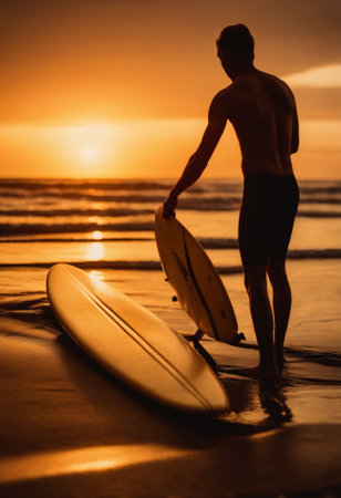 Surfer with surfboard on the beach at sunset. Copy space.の素材