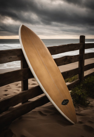 Surfboard on the beach at sunset with stormy sky.の素材