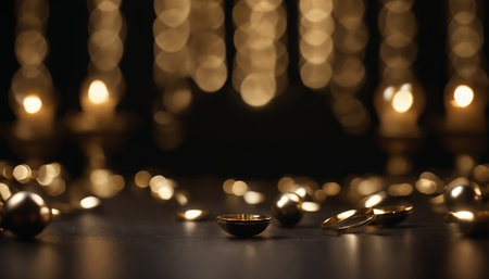 Wax candles and Christmas baubles on dark background, closeupの素材