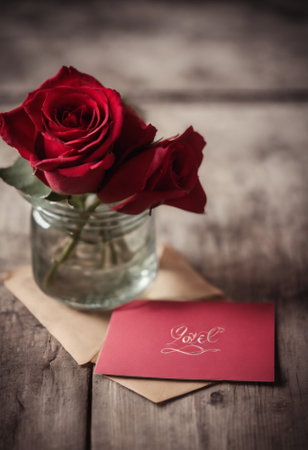 Red rose and greeting card on wooden background. Valentines day concept.の素材