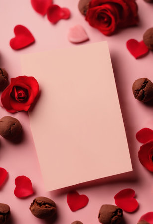 Valentines day greeting card with red roses and chocolate candiesの素材