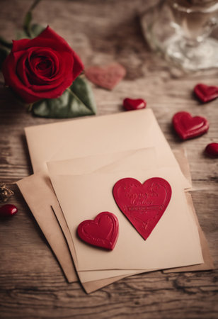 Valentine's day love letter with red rose on wooden backgroundの素材
