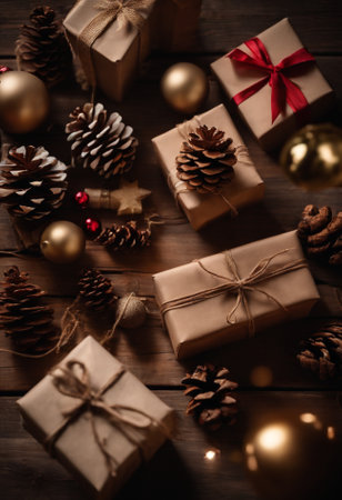 Christmas gift boxes and christmas decorations on rustic wooden background.の素材