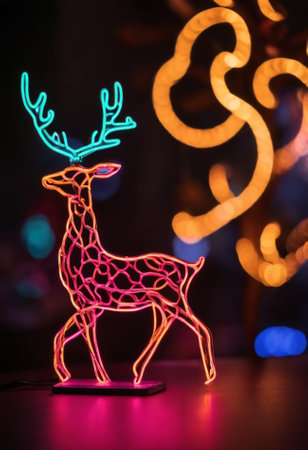 Reindeer Christmas decoration with bokeh lights on background.の素材