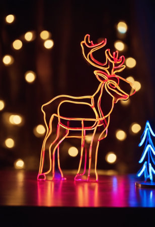 Christmas lights and reindeer on dark background with bokehの素材