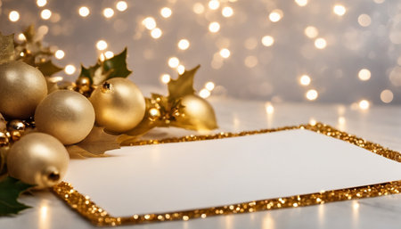 Blank greeting card with golden Christmas decorations on bokeh backgroundの素材