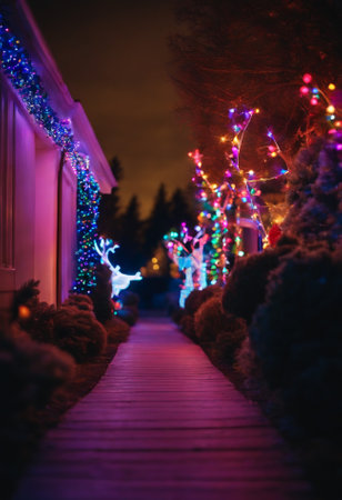 Christmas lights and garlands on the streets of the city at nightの素材