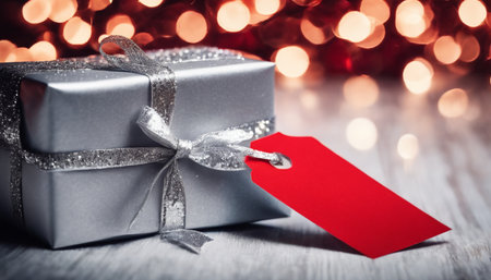 Silver gift box with red tag on bokeh light background.の素材