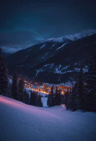 winter night in the swiss alps with snow covered trees and housesの素材
