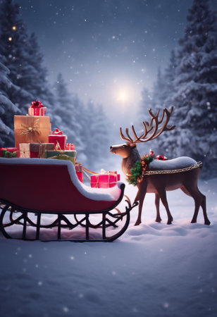 Santa Claus in sleigh with reindeer and gift boxes in snowy forestの素材