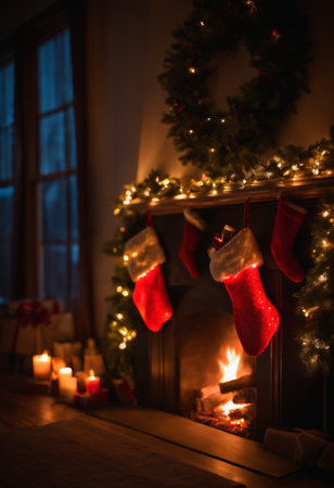 Christmas presents and fireplace in the living room at home. Selective focus.の素材
