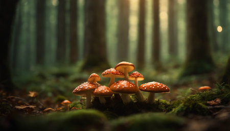 Mushrooms in the forest at sunset. Selective focus.の素材