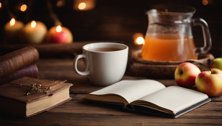 Cup of tea, books, apples and candles on wooden tableの素材