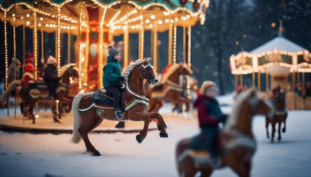 Merry Christmas and Happy New Year. A girl rides a horse on a merry-go-round in winter.の素材