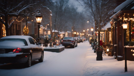 Beautiful winter city street with Christmas decorations in the evening. New Year and Christmas concept.の素材