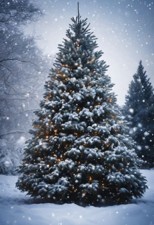 Christmas tree in the snowy forest. Beautiful winter landscape. Christmas backgroundの素材