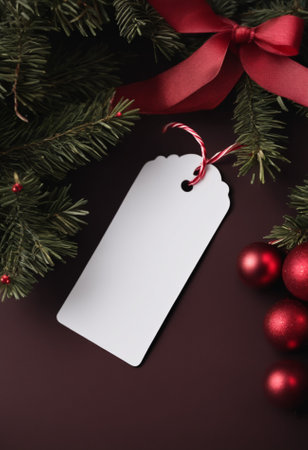 Christmas background with fir branches, red balls and blank price tag.の素材