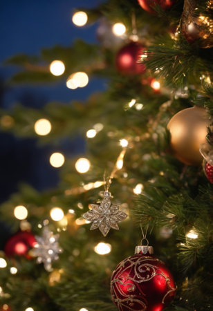 Christmas tree with red and gold ornaments and bokehの素材