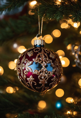 Christmas ornaments on the Christmas tree with bokeh backgroundの素材