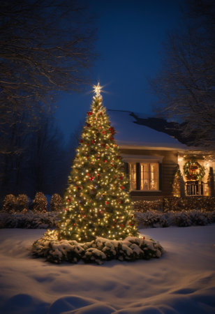 Beautiful Christmas tree in front of a house covered with snow.の素材