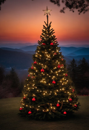 Christmas tree in the mountains at sunset. Christmas and New Year backgroundの素材