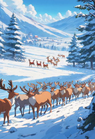 Christmas scene with reindeer herd in snowy landscape. 3D renderingの素材