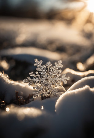 Snowflake on the snow in the winter forest. Shallow depth of fieldの素材