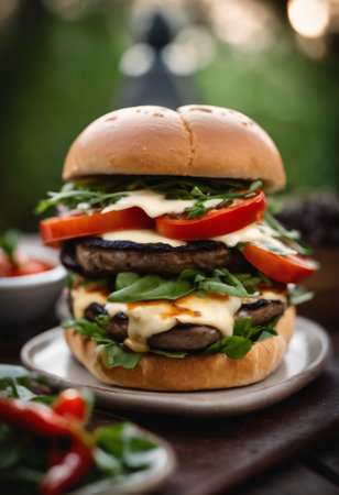Homemade hamburger with fresh vegetables, cheese and arugulaの素材