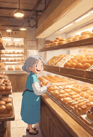 Senior woman at bakery shop, she is choosing bread. Vintage stylizedの素材