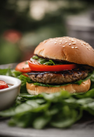 Closeup of tasty hamburger with fresh vegetables on wooden table outdoorsの素材