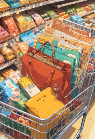 Luxury leather handbags in a shopping cart in a supermarketの素材