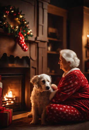 Senior woman in red pajamas sitting by the fireplace with her dogの素材
