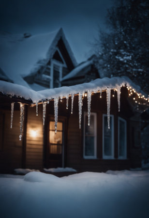 Icicles hanging from the roof of a wooden house in winterの素材