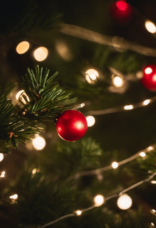 Christmas tree with red baubles on bokeh lights backgroundの素材