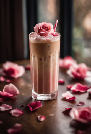 Iced coffee with rose petals in a glass on wooden tableの素材