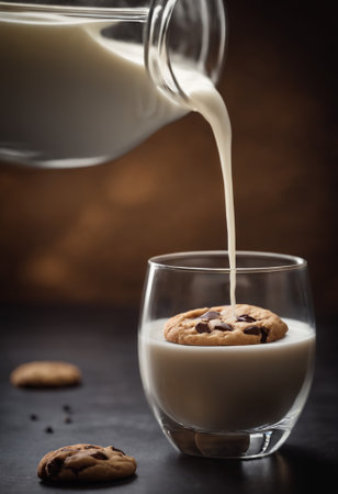 Milk pouring into a glass with chocolate chip cookies on dark backgroundの素材
