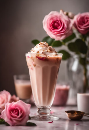 Chocolate milkshake with whipped cream and rose petals.の素材