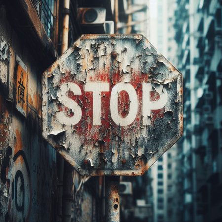 Stop sign on rusty metal in the city, vintage color tone.の素材