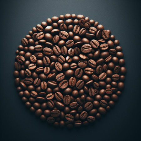 Coffee beans on dark background. Top view. Toned.の素材